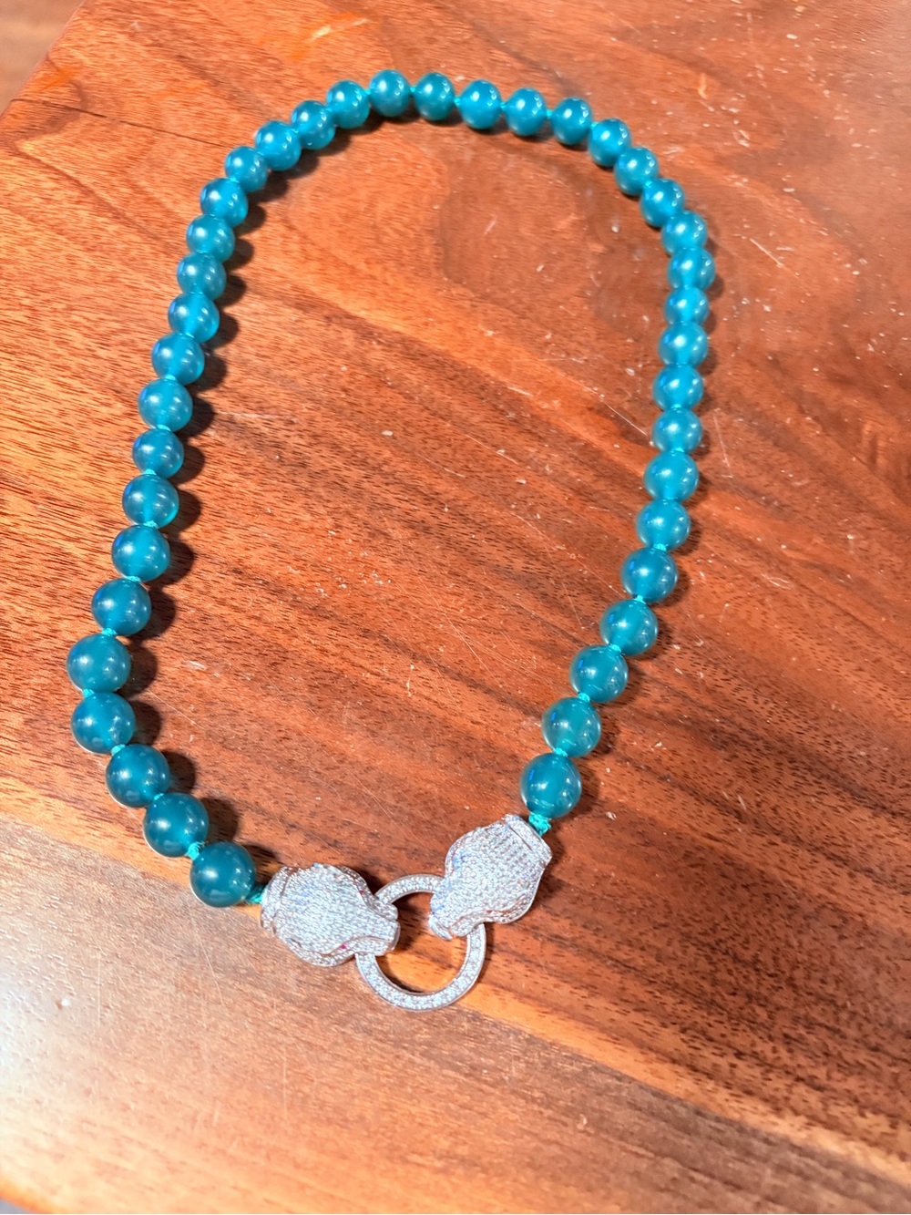 Double Panther Head Green Beaded Statement Necklace